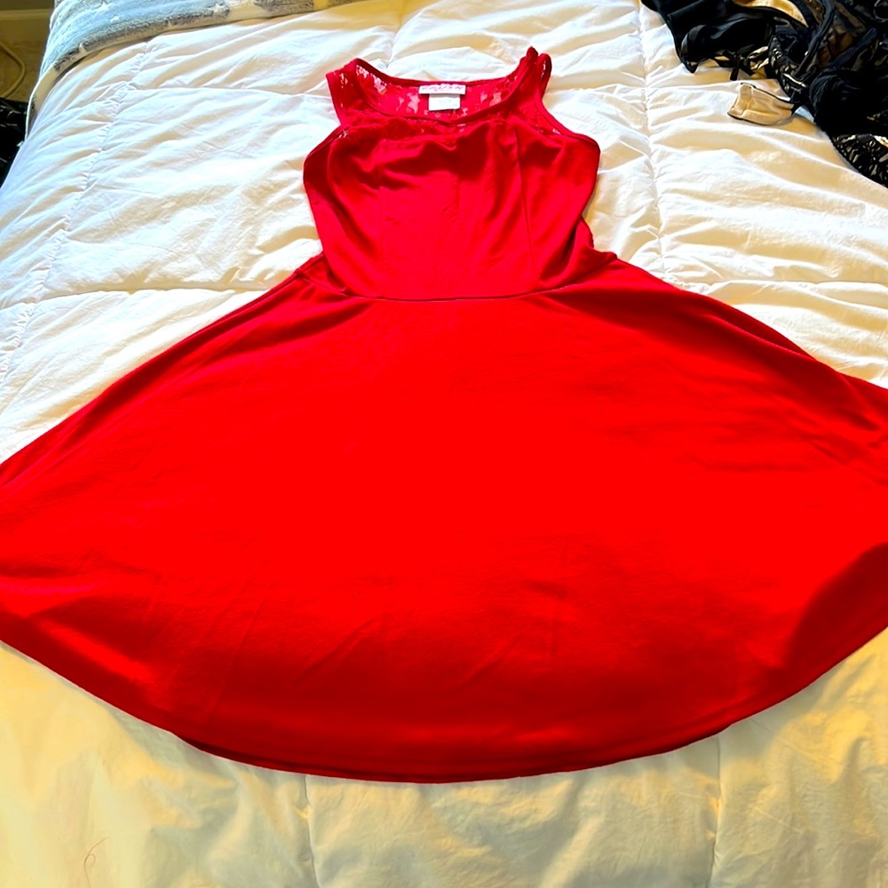 Red flare lace top dress